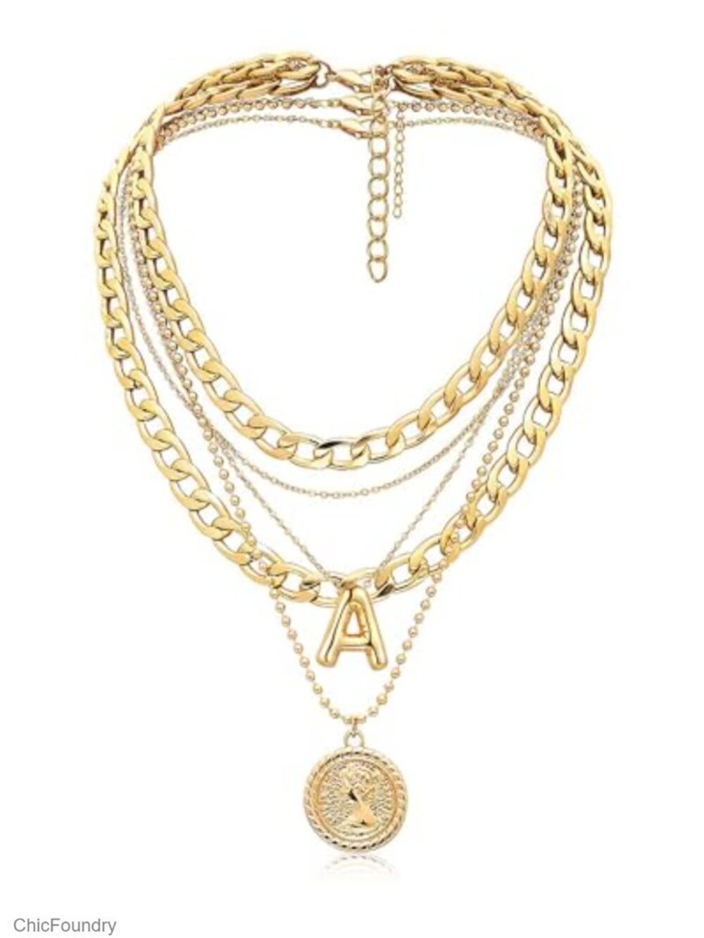Layered Coin Pendant Necklace Set Alloy 3pc Ball Chain Curb
